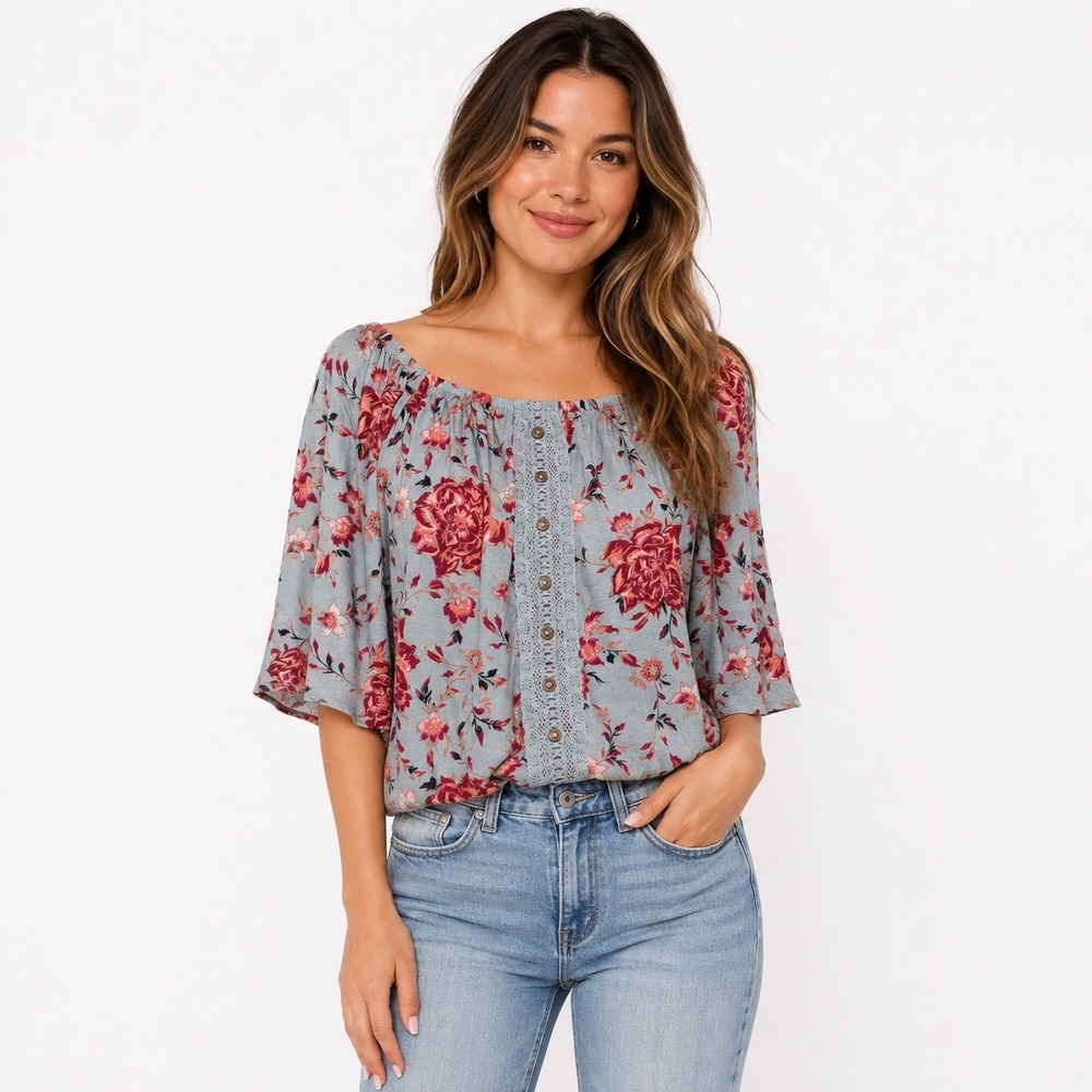 Mudd Blouse Medium Blue Red Floral Boho Crochet Lace Elastic Waist Blouson